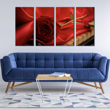 Load image into Gallery viewer, Rose Instrument Canvas Wall Art Red Rose Piano 4 Piece Canvas Print Flower with Cloth Multi Canvas Artwork For Your Living room
