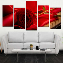 Load image into Gallery viewer, Rose Instrument Canvas Wall Art Red Rose Piano 5 Piece Canvas Print Flower with Cloth Multi Canvas Artwork In Living Room
