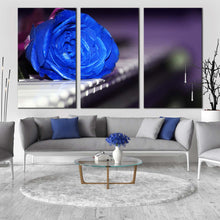 Load image into Gallery viewer, Rose Piano Canvas Wall Art Rose on Keyboard 3 Piece Multi Canvas Artwork Blue Flower Triptych Canvas Print In Living Room
