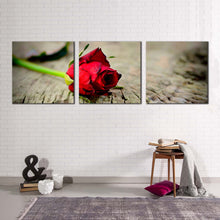 Load image into Gallery viewer, Rose Romance Canvas Wall Art Red Rose Still Life 3 Piece Canvas Print Rose on Brown Wood Multi Canvas Artwork
