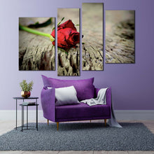 Load image into Gallery viewer, Rose Romance Canvas Wall Art Red Rose Still Life 4 Piece Canvas Print Rose on Brown Wood Multi Canvas Artwork
