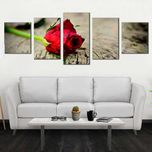 Load image into Gallery viewer, Rose Romance Canvas WallArt Red Rose Still Life 5 Piece Canvas Print Rose on Brown Wood Multi Canvas Artwork In Living room
