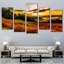 Load image into Gallery viewer, Rural Landscape Canvas Wall Art Yellow Sky Clouds Mountains Tree  5 Piece Canvas Green Trees Scenery Horizon Canvas Print In Living Room
