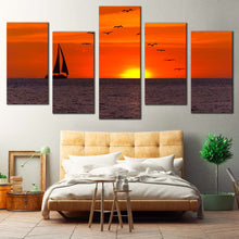 Load image into Gallery viewer, Sailboat Seascape Canvas Wall Art Beautiful Yellow Sunset Sea Canvas Set Birds Flock in Orange Sky  5 Piece Canvas Print For Your Bedroom
