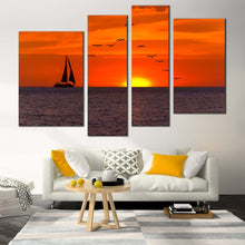 Load image into Gallery viewer, Sailboat Seascape Canvas Wall Art Beautiful Yellow Sunset Sea Canvas Set Birds Flock in Orange Sky  4 Piece Canvas Print 
