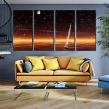 Load image into Gallery viewer, Sailboat Seascape Night Stars And Ocean Multi Panel 4 Piece Canvas Print In  Living Room
