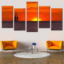 Load image into Gallery viewer, Sailing Boat Canvas Wall Art Yellow Sunset Seascape Multi Canvas Artwork Birds Flying in Orange Sky  5 Piece Canvas Print In Living Room
