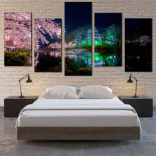 Load image into Gallery viewer, Sakura Trees Canvas Wall Art Green Takada Castle River Reflection  5 Piece CanvasPrint Japan Pink Cherry Blossom Flowers Multi Canvas For Your Bedroom
