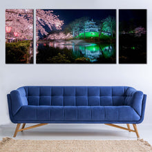 Load image into Gallery viewer, Sakura  Trees  Canvas  Wall  Art  Green  Takada  Castle  River  Reflection    3  Piece  Canvas  Print  Japan  Pink  Cherry  Blossom  Flowers  Multi  Canvas For Living Room
