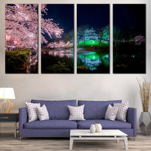 Load image into Gallery viewer, Sakura Trees Canvas Wall Art Green Takada Castle River Reflection  4 Piece Canvas Print Japan Pink Cherry Blossom Flowers Multi Canvas For Living Room
