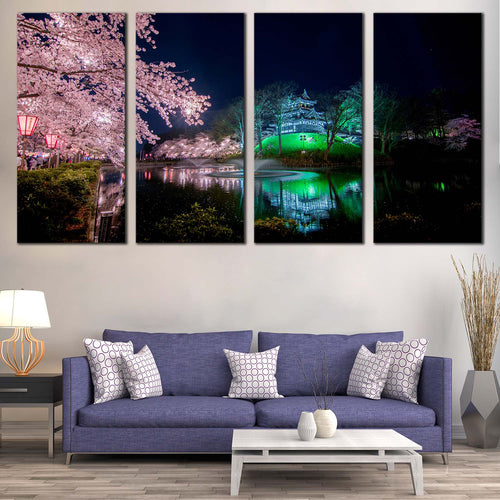 Sakura Trees Canvas Wall Art Green Takada Castle River Reflection  4 Piece Canvas Print Japan Pink Cherry Blossom Flowers Multi Canvas For Living Room