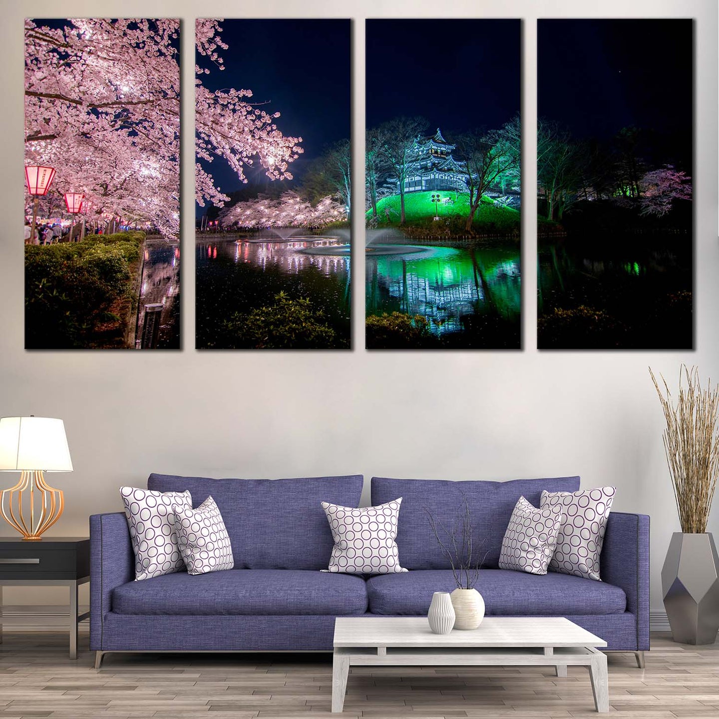 Sakura Trees Canvas Wall Art Green Takada Castle River Reflection  4 Piece Canvas Print Japan Pink Cherry Blossom Flowers Multi Canvas For Living Room
