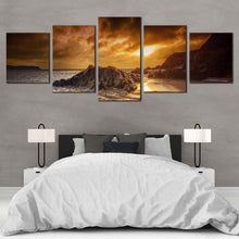 Load image into Gallery viewer, Salcombe Beach Canvas Wall Art Dramatic Yellow Cloudy Sunset Sky Multi Canvas South Devon Mountains Rocks Canvas Set Brown Ocean Beach  5 Piece Canvas For Your Bedroom
