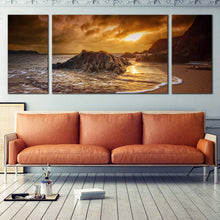 Load image into Gallery viewer, Salcombe Beach Canvas Wall Art Dramatic Yellow Cloudy Sunset Sky Multi Canvas South Devon Mountains Rocks Canvas Set Brown Ocean Beach  3 Piece Canvas In Living Room
