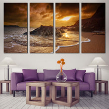 Load image into Gallery viewer, Salcombe Beach Canvas Wall Art Dramatic Yellow Cloudy Sunset Sky Multi Canvas South Devon Mountains Rocks Canvas Set Brown Ocean Beach  4 Piece Canvas In Living room

