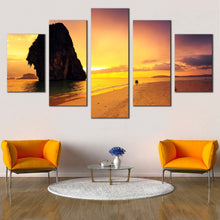 Load image into Gallery viewer, Sand  Beach  Canvas  Wall  Art  Brown  Sand  Ocean  Rocks  5  Piece  Multi  Panel  Canvas  Yellow  Cloudy  Sunset  Ocean  Sky  Canvas  Print For Living Room
