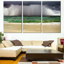 Load image into Gallery viewer, Sand Beach Canvas Wall Art Sea Green Waves Ocean Canvas Print Dramatic Grey Clouds Ocean Sky 3 Piece Split Canvas In Living Room
