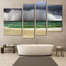 Load image into Gallery viewer, Sand Beach Canvas Wall Art Sea Green Waves Ocean Canvas Print Dramatic Grey Clouds Ocean Sky 4 Piece Split Canvas 
