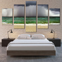 Load image into Gallery viewer, Sand  Beach  Canvas  Wall  Art  Sea  Green  Waves  Ocean  Canvas  Print  Dramatic  Grey  Clouds  Ocean  Sky  5  Piece  Split  Canvas In Bedroom
