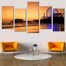 Load image into Gallery viewer, Santa Monica Canvas Wall Art Blue Neon lit Ferris Wheel  5 Piece Canvas Beautiful Ocean Beach Canvas Set Orange Beach Pier Sunset Sky Canvas Print For Your Living Room
