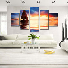 Load image into Gallery viewer, Santorini  Greece  Harbour  Sailboats  ocean  mountains  sunset  5  panel  wall  art In Living room
