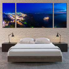 Load image into Gallery viewer, Santorini Island Canvas Print Dramatic Blue Clouds Night Seascape Canvas Set Yellow Greece Cityscape Lights  3 Piece Canvas Wall Art For Bedroom
