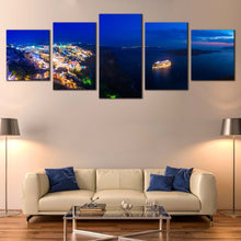 Load image into Gallery viewer, Santorini Island Canvas Print Dramatic Blue Clouds Night Seascape Canvas Set Yellow Greece Cityscape Lights  5 Piece Canvas Wall Art For Living room
