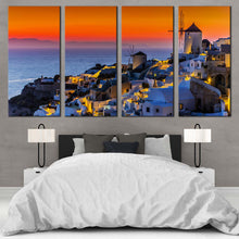 Load image into Gallery viewer, Santorini Island Canvas Wall Art Blue Greece Houses  4 Piece Canvas Oia Orange Sky Sea Canvas Print For Your Bedroom
