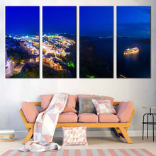 Load image into Gallery viewer, Santorini Seascape Canvas Wall Art Greece Cloudy Blue Sky Cityscape  4 Piece Canvas Print Cruise Ship Yellow Light Reflection Multi Canvas Artwork In Living room
