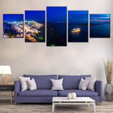 Load image into Gallery viewer, Santorini Seascape Canvas Wall Art Greece Cloudy Blue Sky Cityscape  5 Piece Canvas Print Cruise Ship Yellow Light Reflection Multi Canvas Artwork In Living Room
