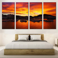Load image into Gallery viewer, Santurtzi Sunrise Canvas Wall Art Orange Port Ocean  4 Piece Canvas Ocean Mountains Canvas Yellow Port Boats Mountains Sunset Canvas Print For Bedroom

