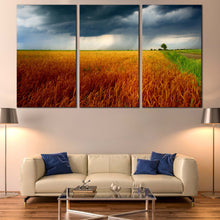 Load image into Gallery viewer, Scenery Fields Canvas Wall Art Green Orange Grain Fields Canvas Print Grey Storm Clouds 3 Piece Multi Canvas Artwork In Living Room
