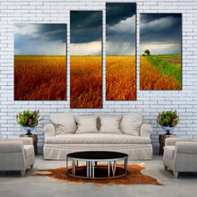 Load image into Gallery viewer, Scenery Fields Canvas Wall Art Green Orange Grain Fields Canvas Print Grey Storm Clouds 4 Piece Multi Canvas Artwork
