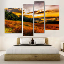 Load image into Gallery viewer, Scenery Horizon Canvas Wall Art Yellow Misty Landscape Mountain Hill Canvas Print Green Trees Sun Rays  4 Piece Canvas Set 
