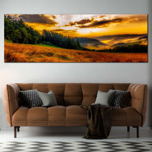 Load image into Gallery viewer, Scenery  Horizon  Canvas  Wall  Art  Yellow  Misty  Landscape  Mountain  Hill  Canvas  Print  Green  Trees  Sun  Rays  Living  Room  1  Piece  Canvas  Set In Living Room
