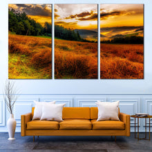 Load image into Gallery viewer, Scenery Horizon Canvas Wall Art Yellow Misty Landscape Mountain Hill  Canvas Print Green Trees Sun Rays 3 Piece Canvas Set In Living Room
