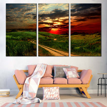 Load image into Gallery viewer, Scenery Sunset Canvas Wall Art Country Road Green Nature Scenery Canvas Print Dramatic Red Yellow Sunset Sky 3 Piece Multiple Canvas For Your Living Room
