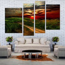 Load image into Gallery viewer, Scenery Sunset Canvas Wall Art Country Road Green Nature Scenery Canvas Print Dramatic Red Yellow Sunset Sky 4 Piece Multiple Canvas
