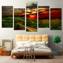 Load image into Gallery viewer, Scenery Sunset Canvas Wall Art Country Road Green Nature Scenery Canvas Print Dramatic Red Yellow Sunset Sky 5 Piece Multiple Canvas
