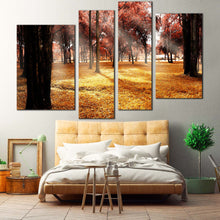 Load image into Gallery viewer, Scenic Forest Canvas Wall Art Beautiful Red Autumn Trees Forest 4 Piece Multi Canvas Artwork Yellow Fields Sun Rays Scenery Canvas Print 
