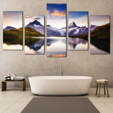 Load image into Gallery viewer, Schreckhorn Mountain Canvas Wall Art Alpine Mountains Canvas Print Purple Wetterhorn Picturesque Scene 5 piece Canvas White Grindelwald valley Wide Canvas For Bathroom
