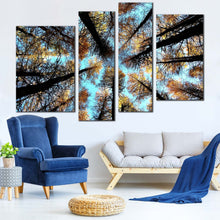 Load image into Gallery viewer, Scotland Autumn Canvas Print Looking Up Grove of Trees Canvas Looking Up Blue Sky Canvas Wall Art Yellow Autumn Trees  4 Piece
