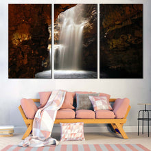 Load image into Gallery viewer, Scotland Cave Canvas Print White Waterfall Cave  3 Piece Canvas Wall Art Brown Smoo Cave Waterfall Canvas Set In Living Room
