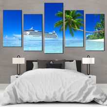 Load image into Gallery viewer, Sea Beach Canvas Print Tropical Green Tree Island  5 Piece Canvas Set Blue Seascape Cruise Ship Canvas Wall Art In Bedroom
