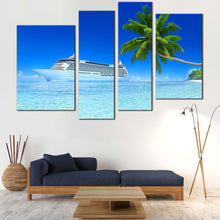 Load image into Gallery viewer, Sea Beach Canvas Print Tropical Green Tree Island  4 Piece Canvas Set Blue Seascape Cruise Ship Canvas Wall Art 
