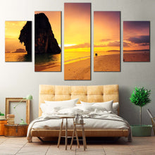 Load image into Gallery viewer, Sea  Beach  Canvas  Print  Yellow  Sunset  Sky  Ocean  Split  Canvas  Brown  Sand  Beach  Ocean  Rocks    5  Piece  Canvas  Wall  Art In Bedroom
