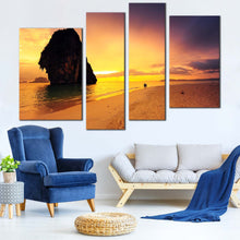 Load image into Gallery viewer, Sea Beach Canvas Print Yellow Sunset Sky Ocean Split Canvas Brown Sand Beach Ocean Rocks  4 Piece Canvas Wall Art 

