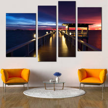 Load image into Gallery viewer, Sea Pier Canvas Wall Art Dramatic Blue Red Sunset Sky Multi Canvas Wooden Bridge Ocean  4 Piece Canvas Print Pier at Evening Canvas In Living Room
