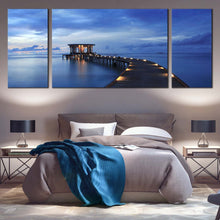 Load image into Gallery viewer, Sea Pier Canvas Wall Art Maldives Yellow Pier Lights  3 Piece Canvas Blue Cloudy Sky Wooden Pier Canvas Print For Bedroom
