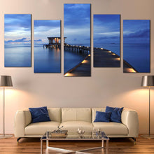 Load image into Gallery viewer, Sea Pier Canvas Wall Art Maldives Yellow Pier Lights  5 Piece Canvas Blue Cloudy Sky Wooden Pier Canvas Print In Living Room
